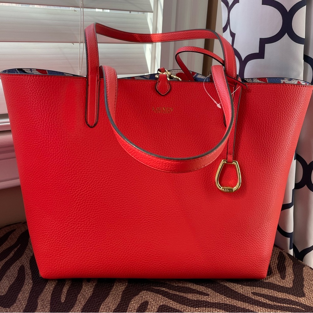 ❤️‍🔥NWT Ralph Lauren Floral Eco-Leather Reversible Tote in bright orange/red